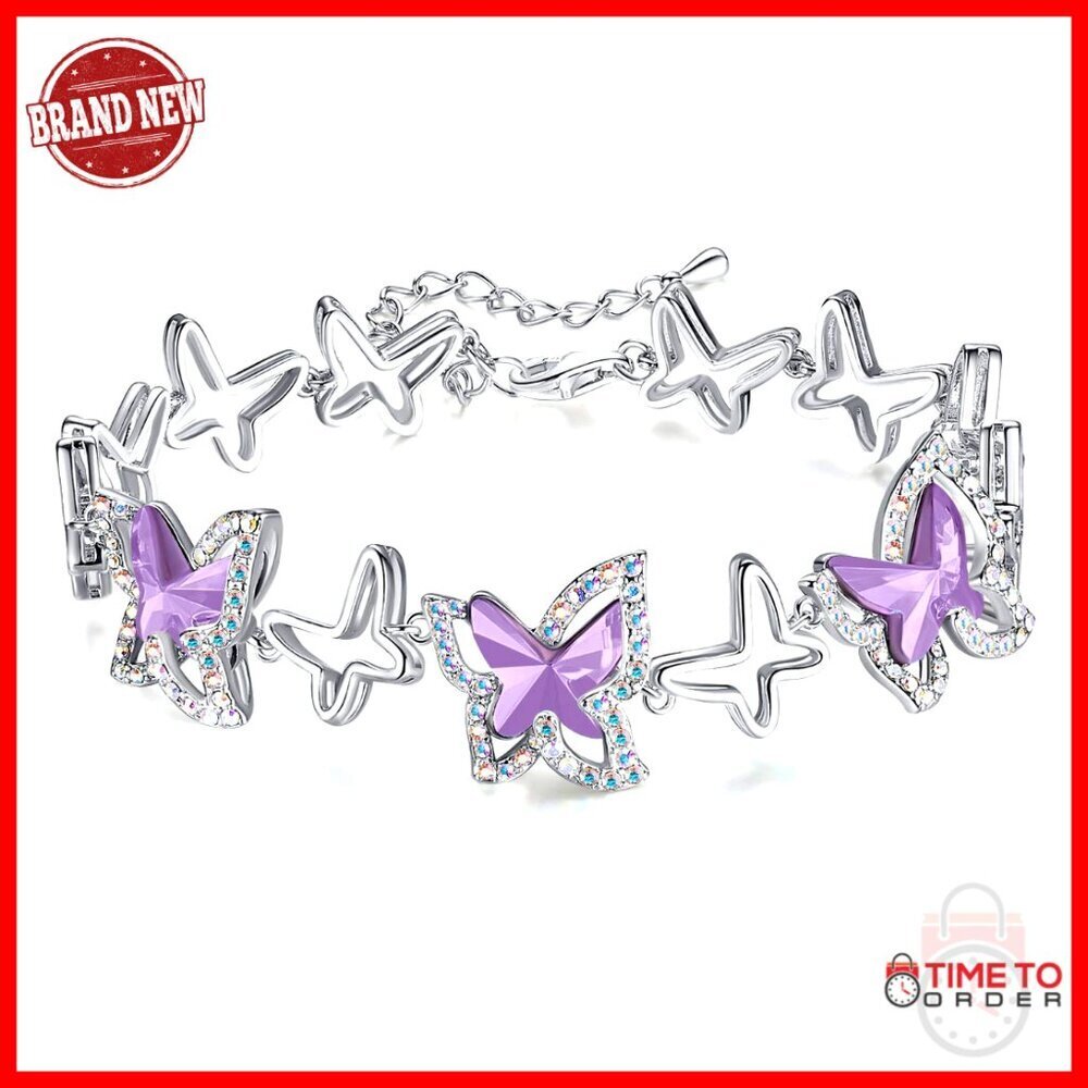 Silver Tone Link Bracelet with Butterfly Charm and Birthstone Crystals